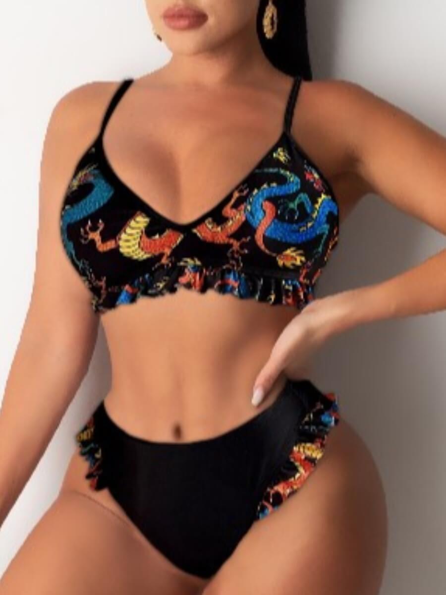 

Lovely Trendy Dragon Print Flounce Design Black Two-piece Swimsuit