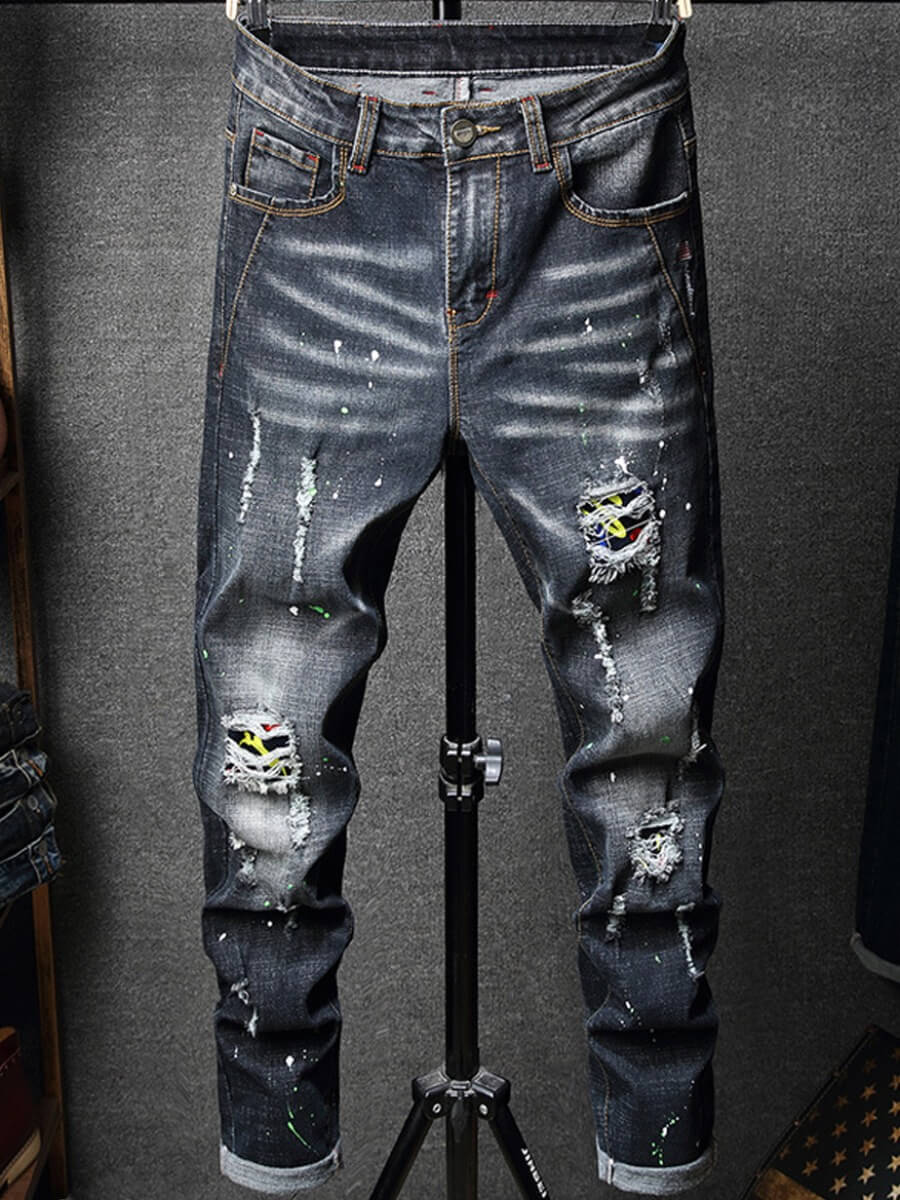 

Lovely Casual Broken Holes Tie-dye Blue Men Jeans