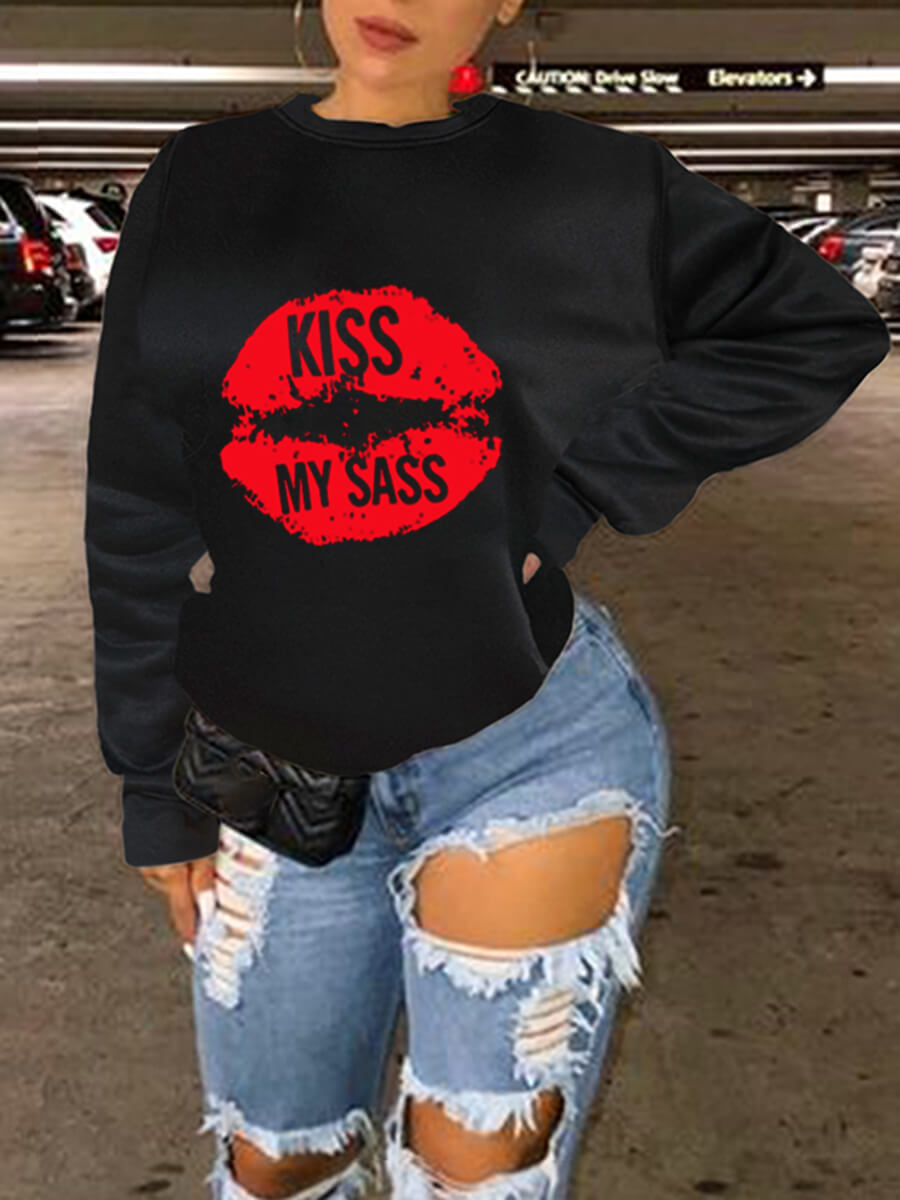 

Lovely Trendy Lip Letter Print Loose Black Hoodie