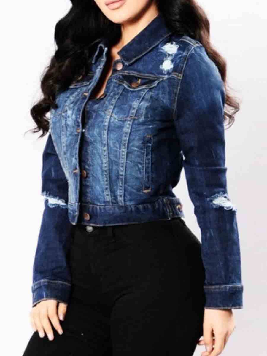 

Lovely Casual Broken Holes Button Design Deep Blue Denim Jacket