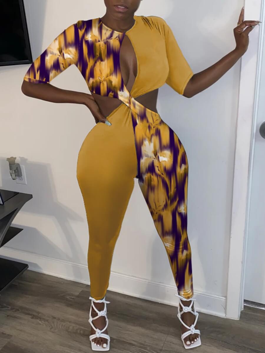 

Lovely Chic Hollow-out Print Patchwork Yellow One-piece Jumpsuit(No-positioning Printing)