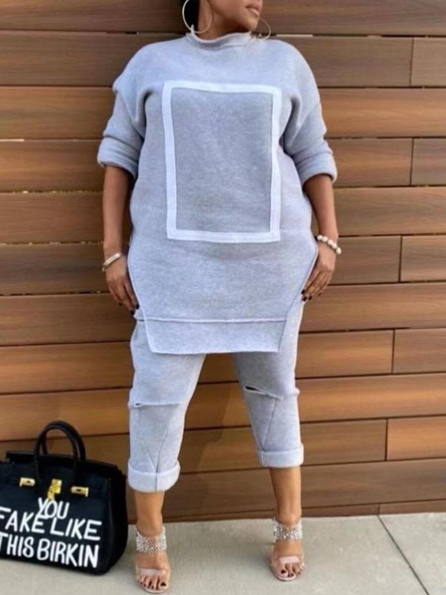 

Lovely Casual Geometric Print Side Split Broken Holes Grey Two Piece Pants Set
