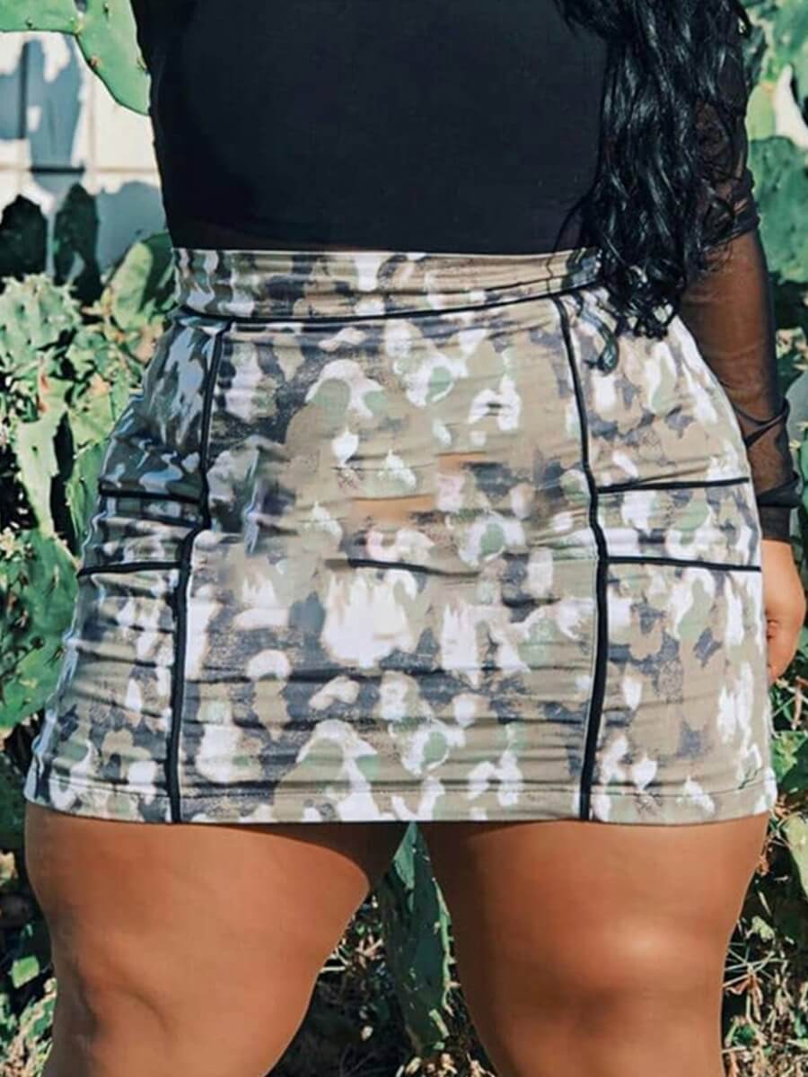 

Lovely Casual Striped Camo Print Plus Size Skirt, Gray camouflage