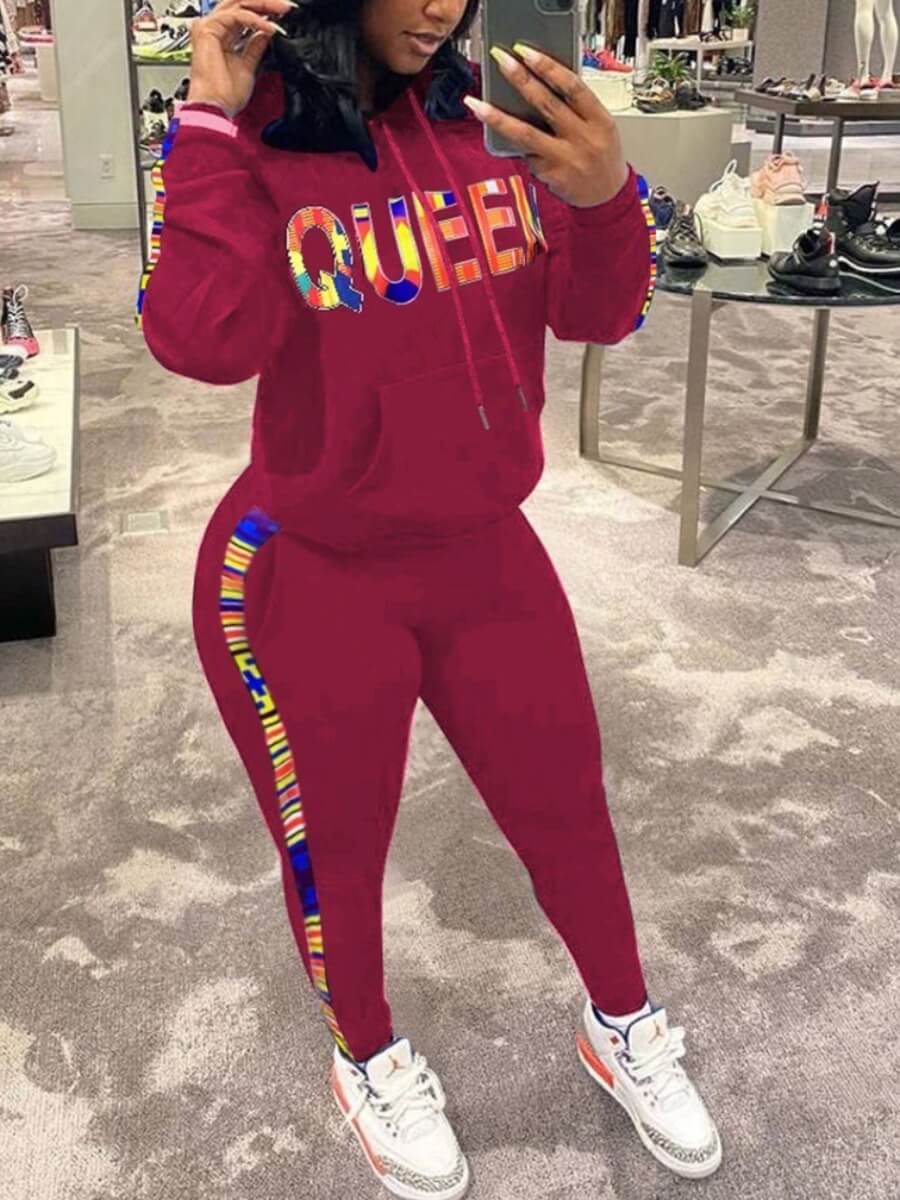 

Lovely Sportswear Letter Print Striped Patchwork Red Plus Size Two-piece Pants Set