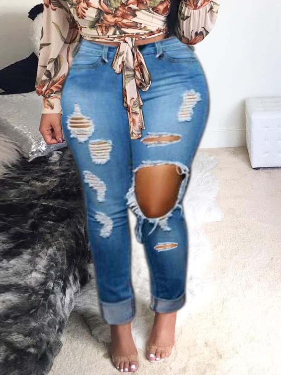 

Lovely Street High-waisted Broken Holes Blue Jeans