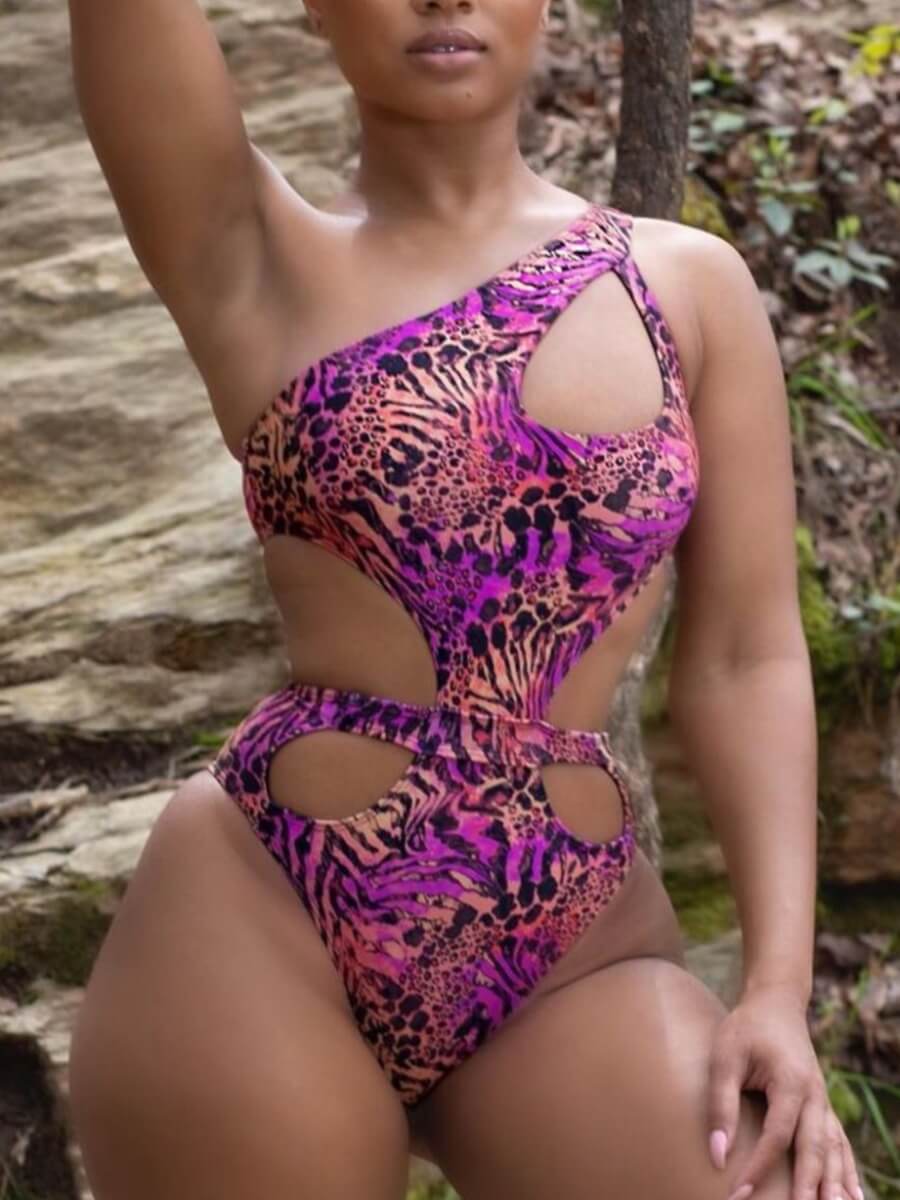 

Lovely Trendy One Shoulder Leopard Print Hollow-out Purple One-piece Swimsuit
