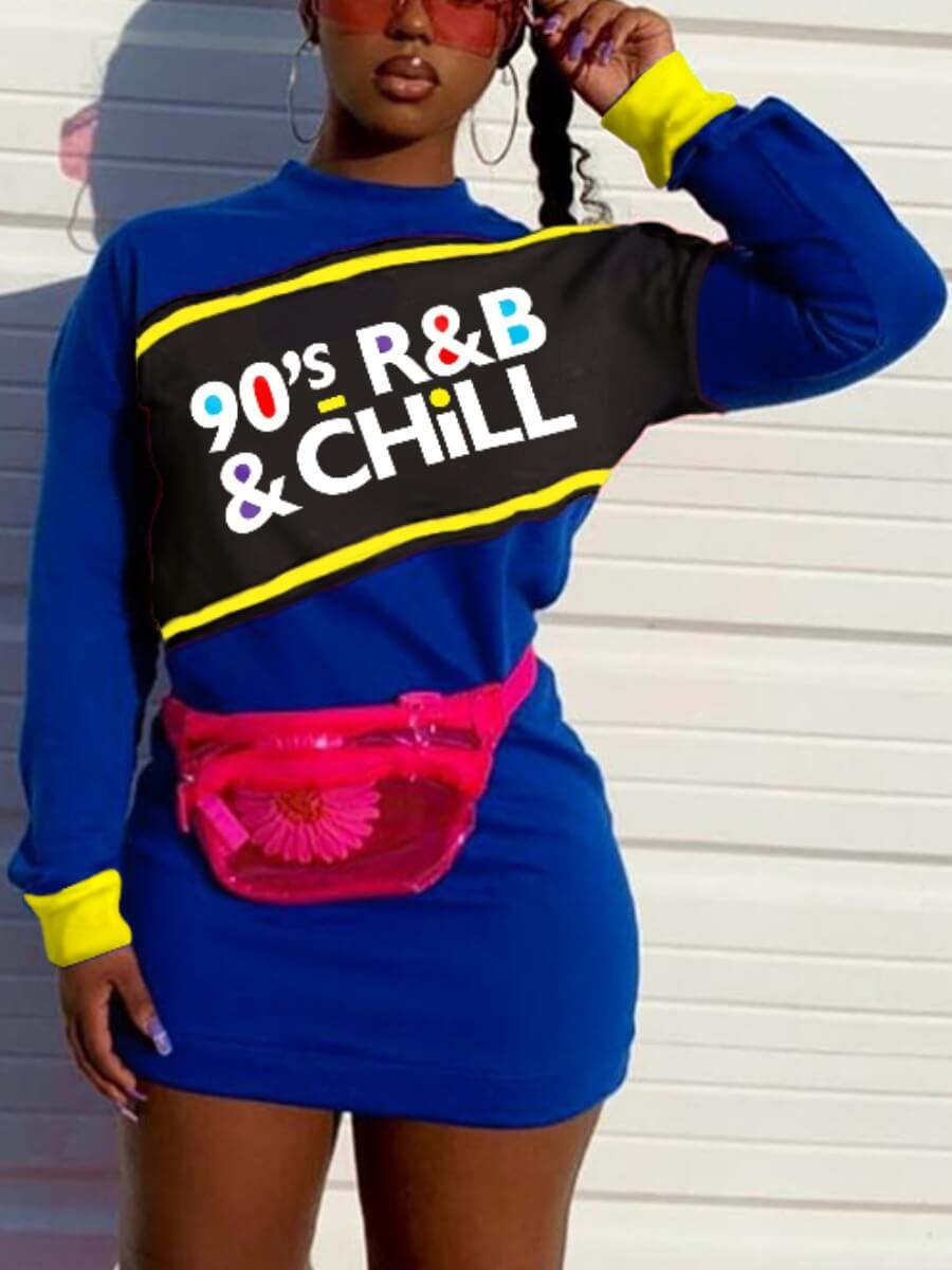 

Lovely Contrast Color Street Letter Print Patchwork Blue Mini Dress(No-positioning Printing