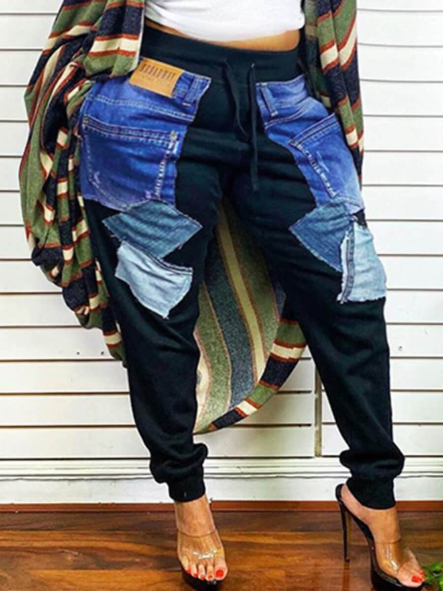 

LW Plus Size Casual Drawstring Color-lump Patchwork Black Jeans