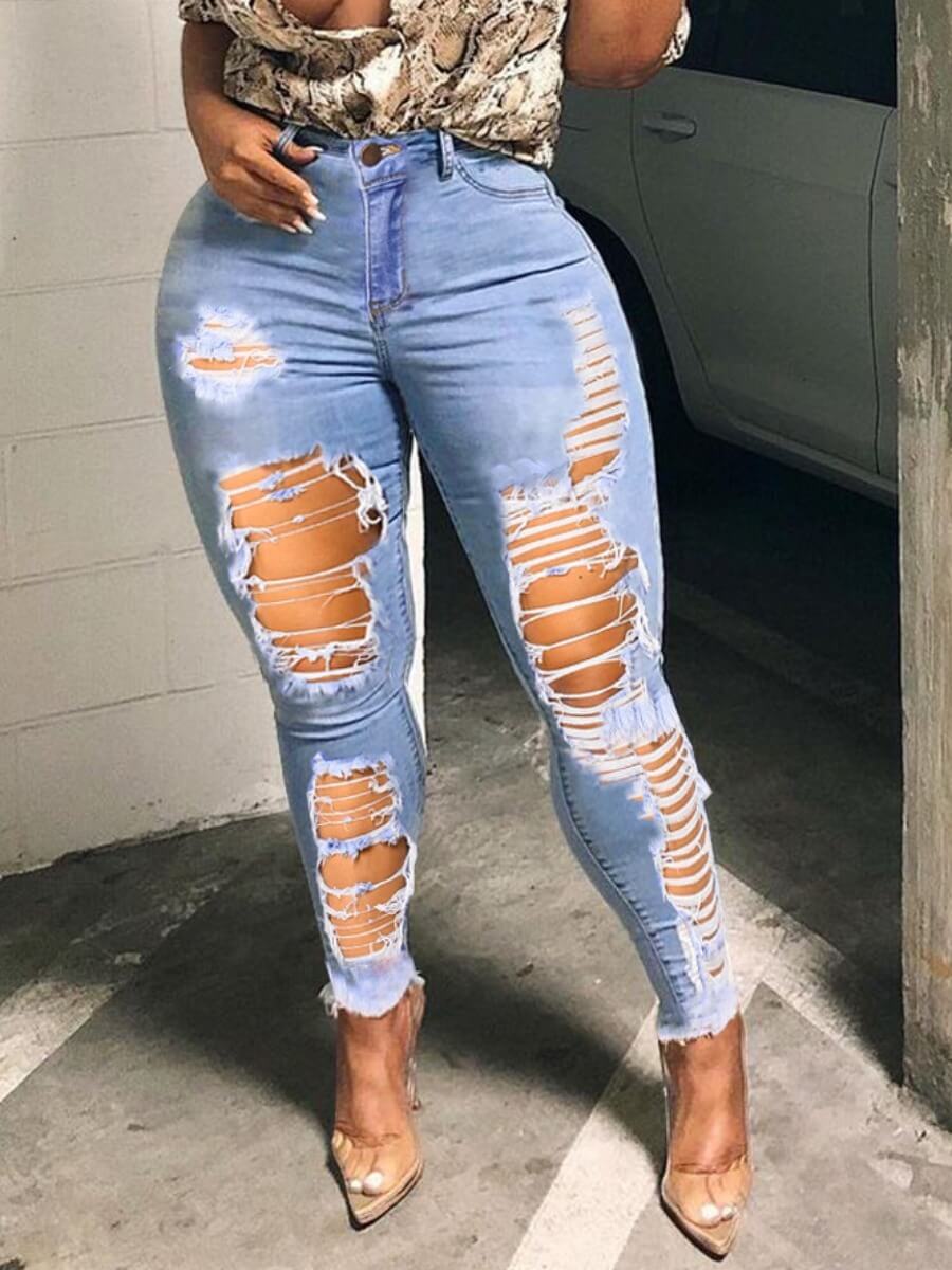 

Lovely Street Ripped Raw Edge Baby Blue Jeans