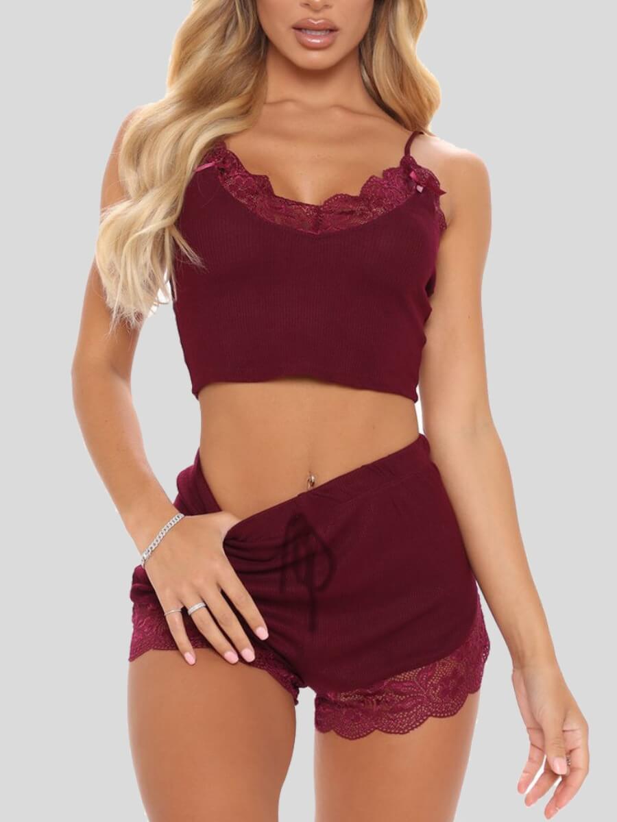 

Lovely Home Style Mesh Patchwork Drawstring Wine Red Sleepwear