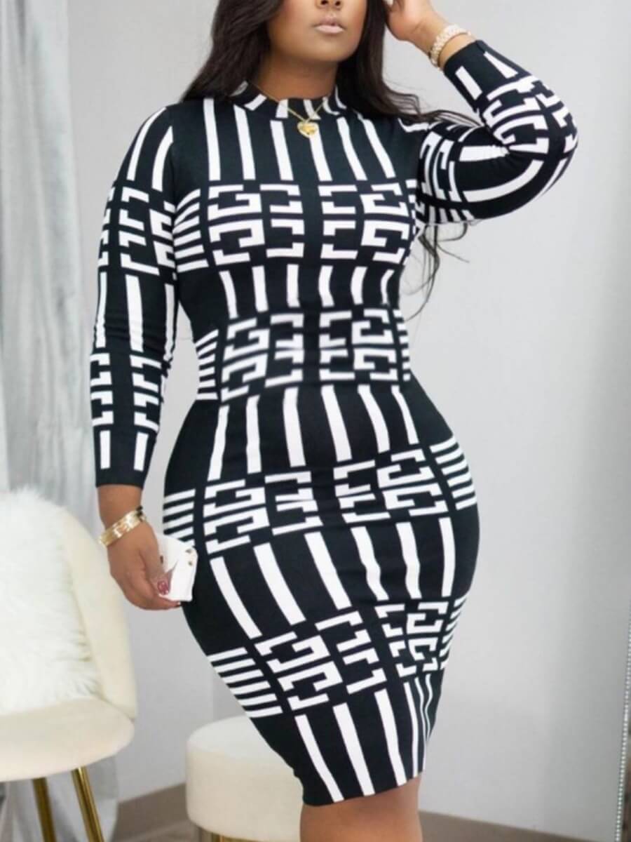 

Lovely Casual O Neck Print Black Knee Length Dress