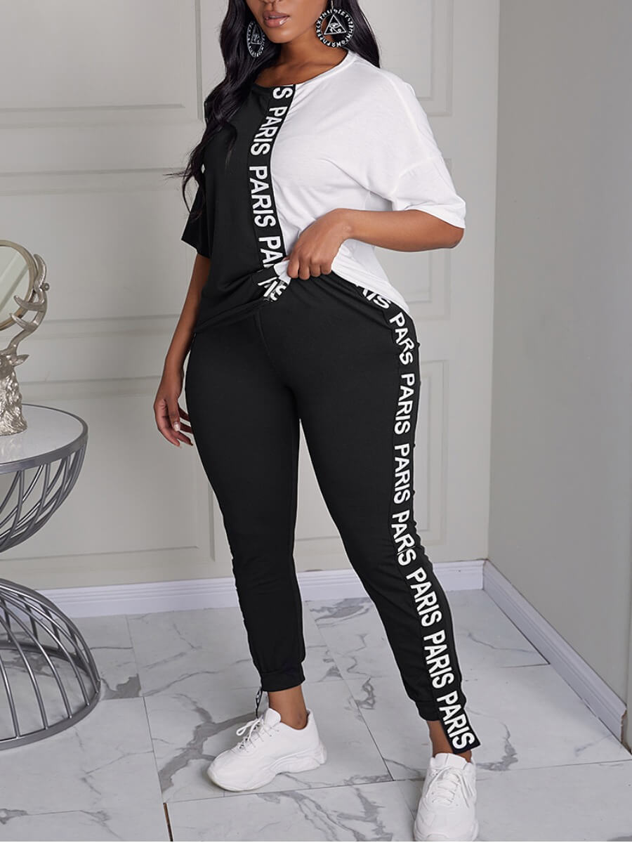 LW Lovely Casual O Neck Letter Print Patchwork Black Two Piece Pants Set