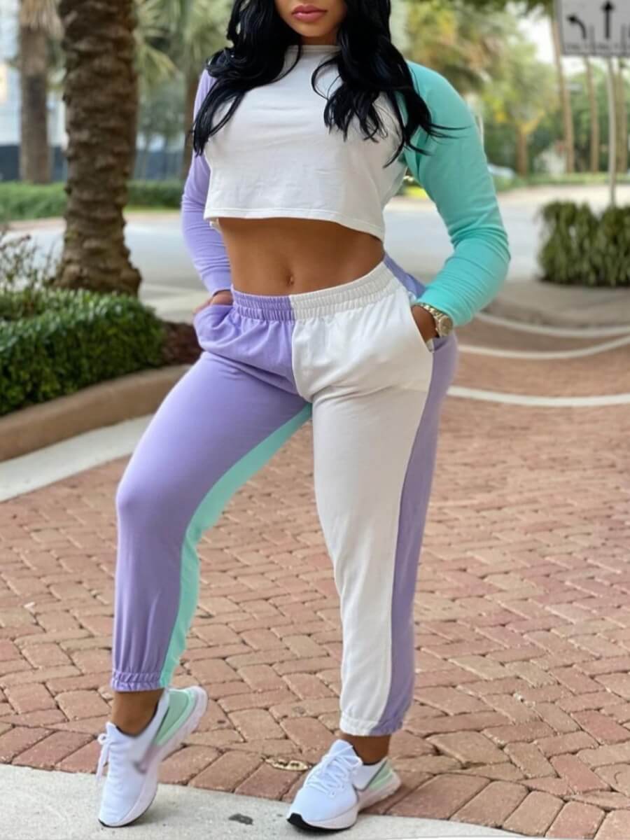 

Lovely Sportswear O Neck Color-lump Patchwork White Two Piece Pants Set