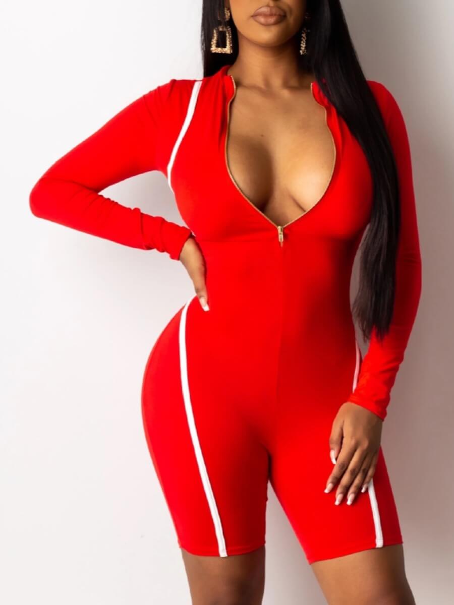 

Lovely Sportswear Patchwork Zipper Design Red One-piece Romper