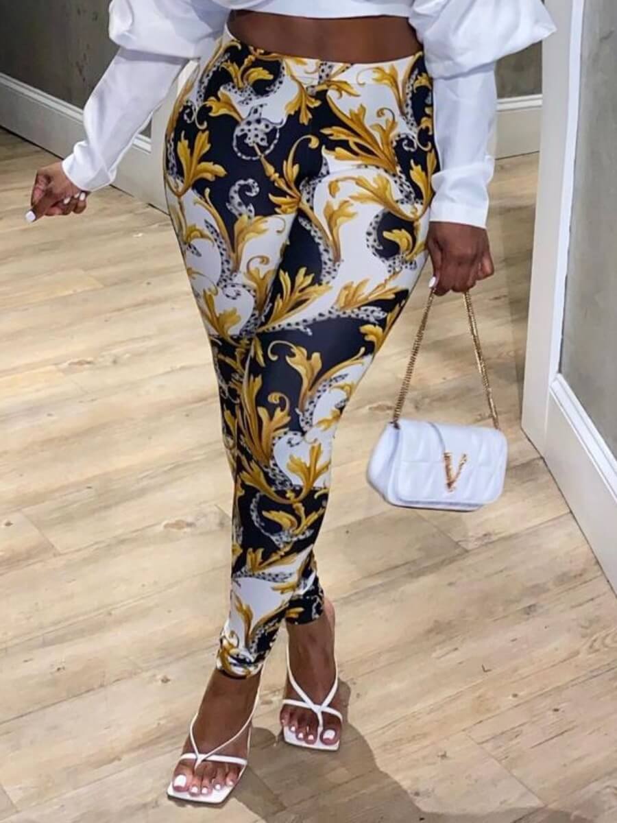 

Lovely Sweet Mid Waist Floral Print White Pants