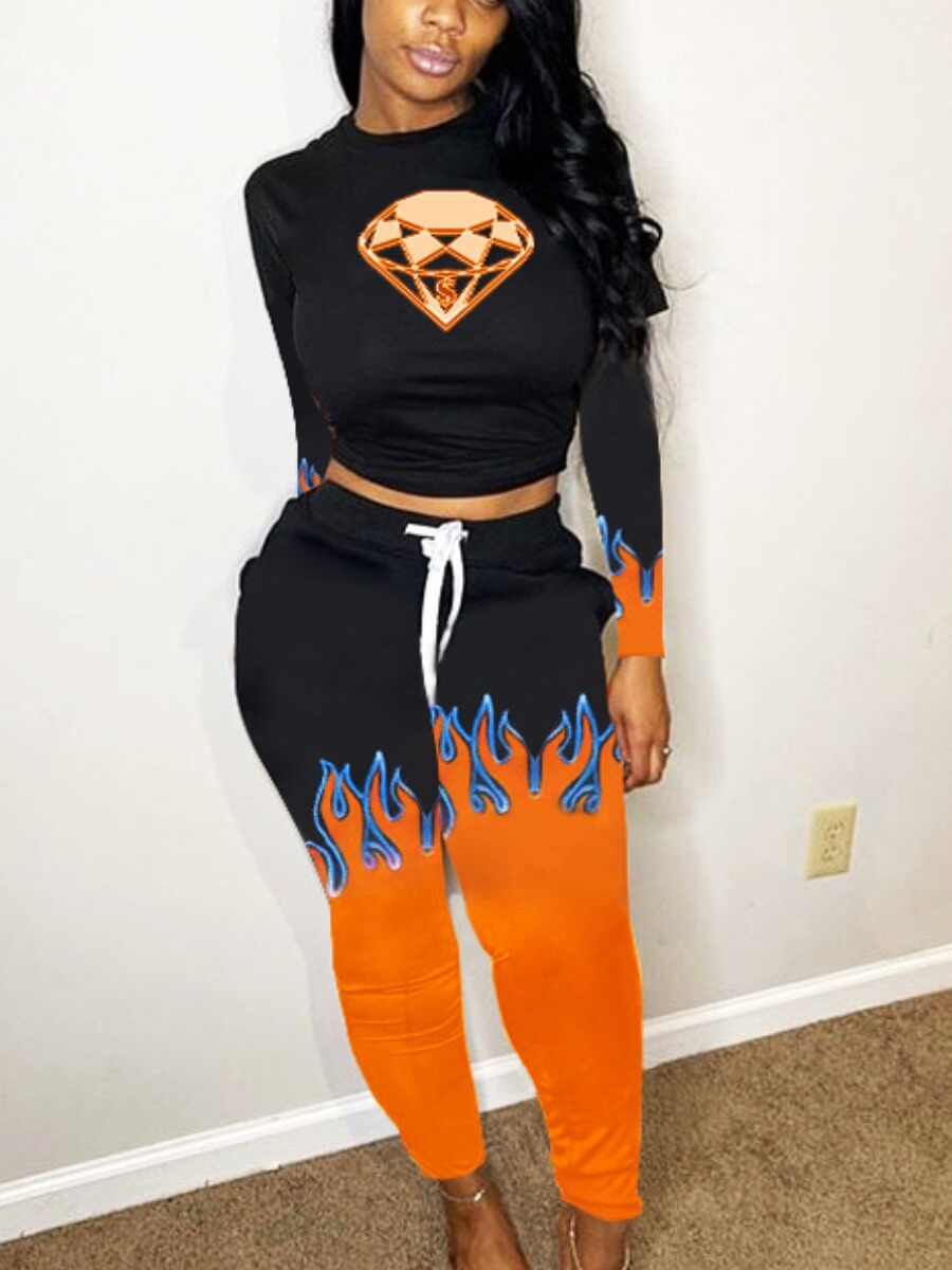 

Lovely Casual O Neck Drawstring Design Print Black Two Piece Pants Set