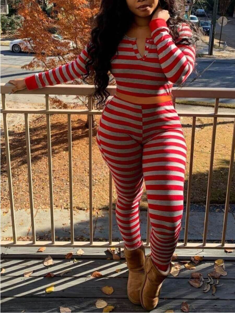 

Lovely Casual Striped Print Patchwork Red Two Piece Pants Set