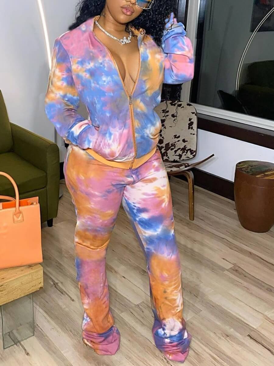 

Lovely Casual Tie Dye Fold Design Blue Two Piece Pants Set(No-positioning Printing)