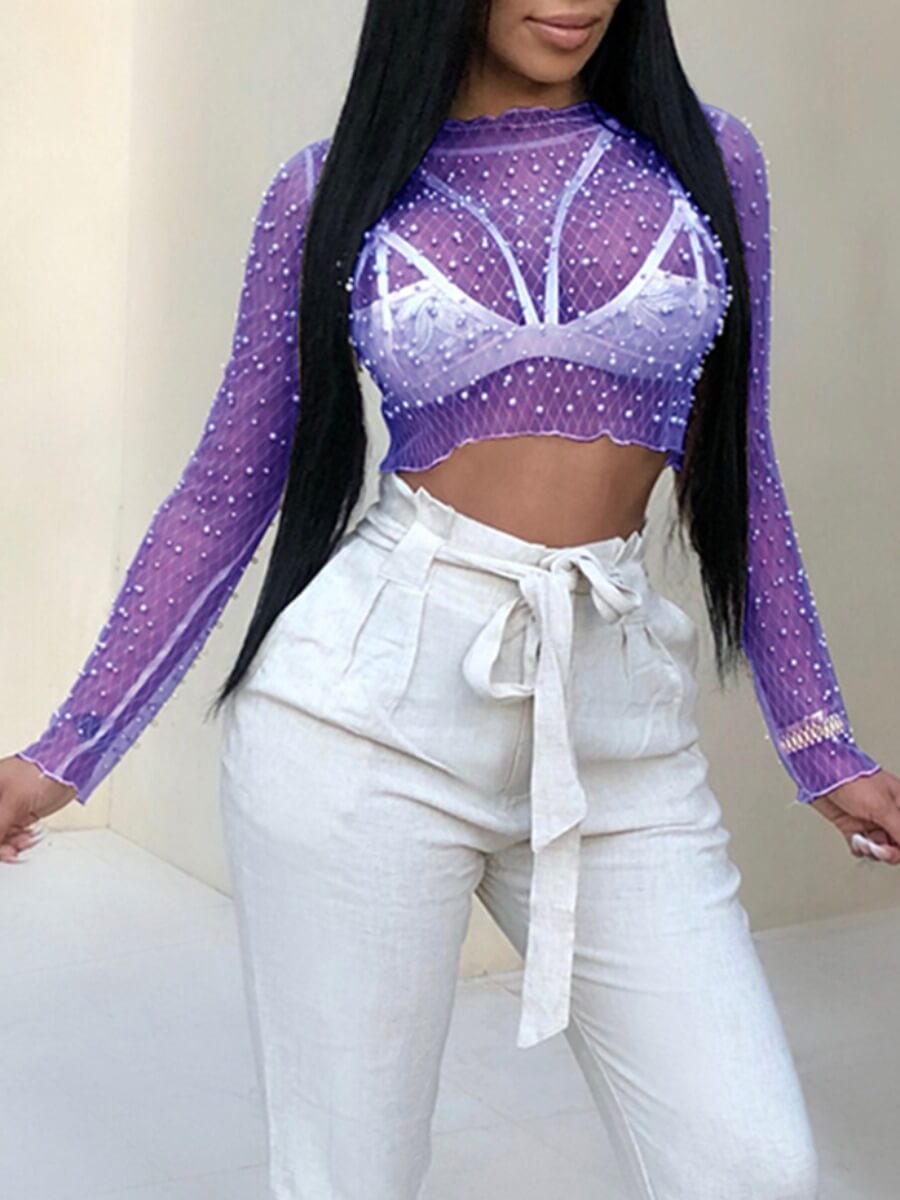 

Lovely Sexy See-through Pearl Decoration Blue T-shirt