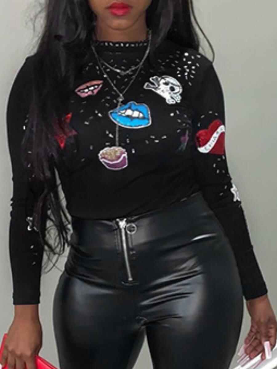 

Lovely Street Lip Print Patchwork Black T-shirt