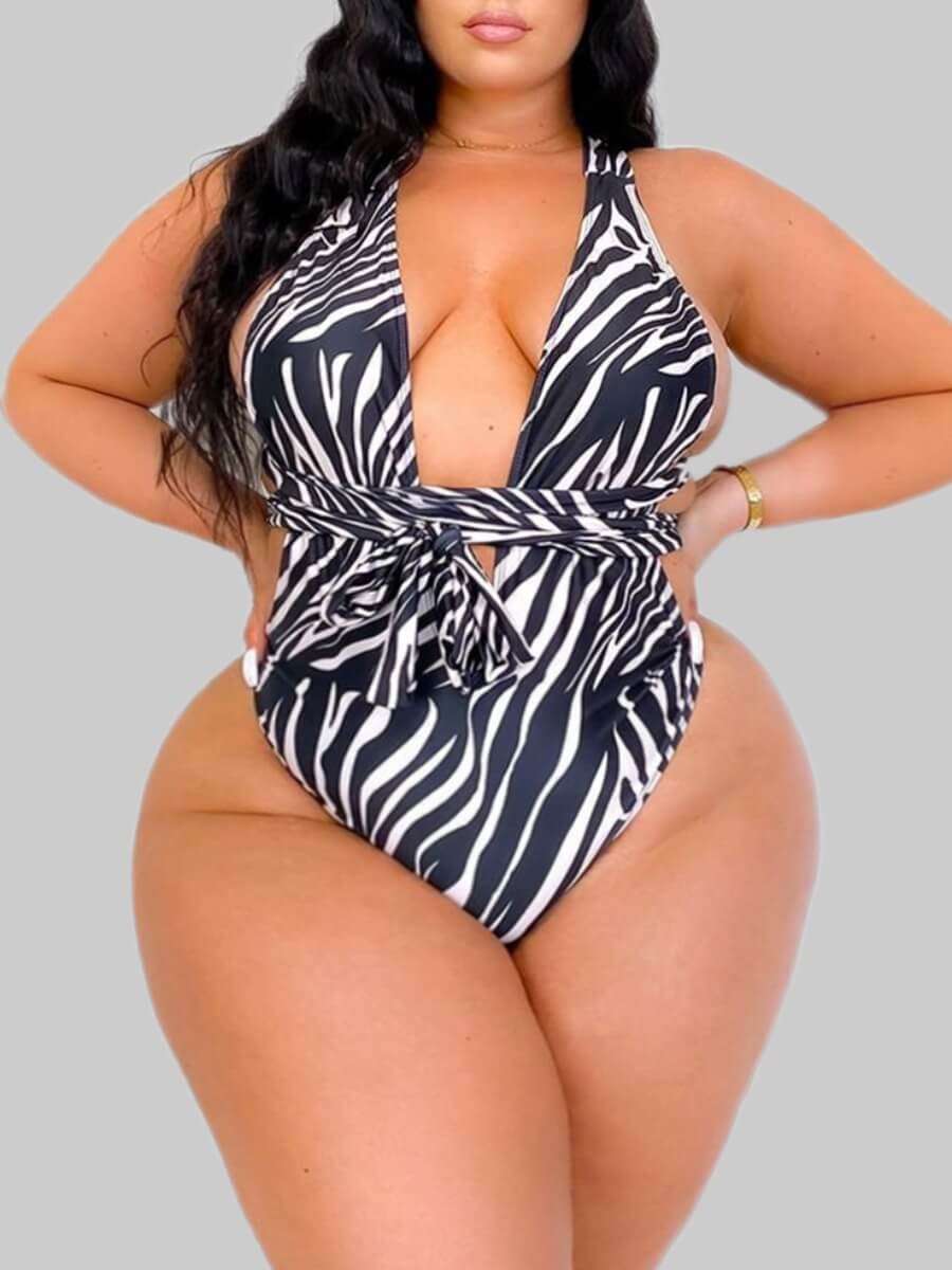 

Lovely Casual Zebra Striped Lace-up Black Plus Size One-piece Swimsuit