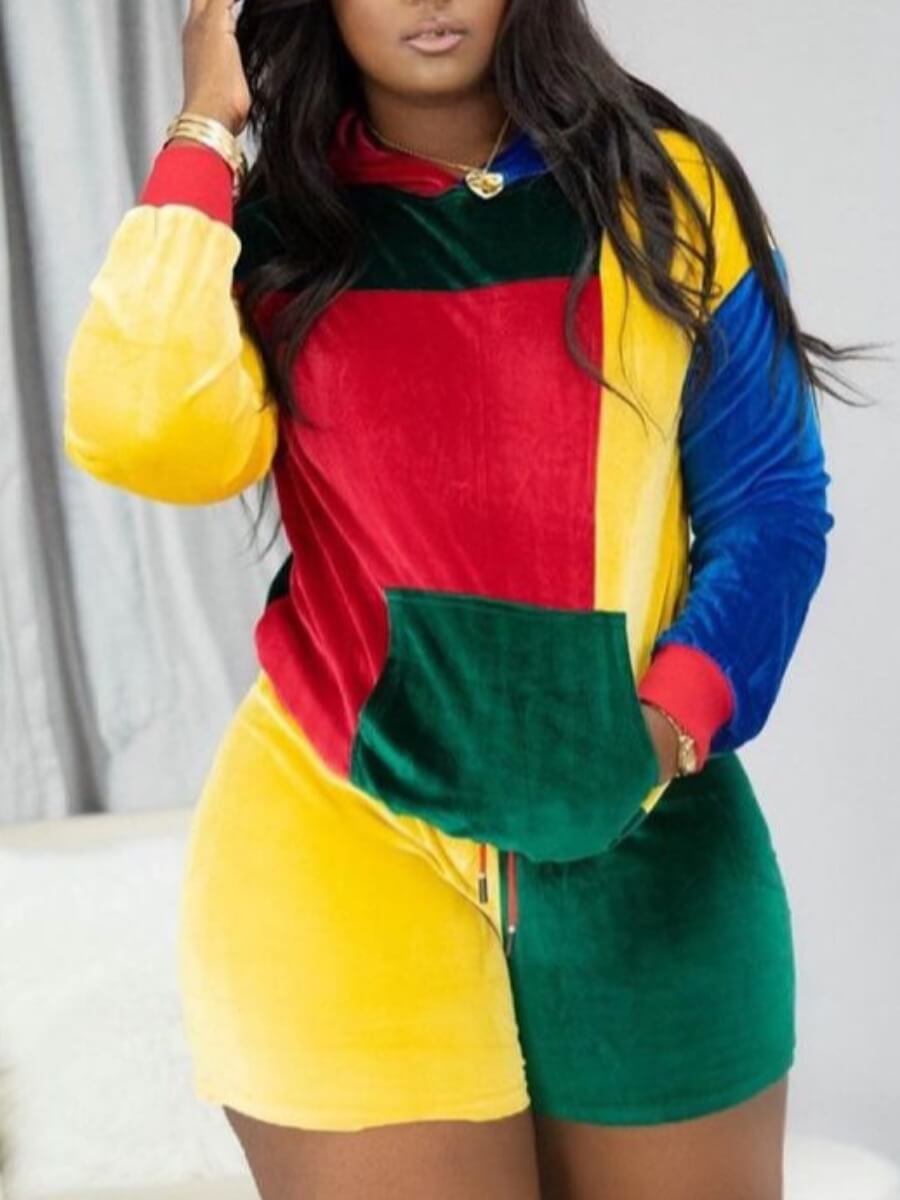 

LW Casual Dropped Shoulder Color-lump Stitching Multicolor Two Piece Shorts Set, Multi