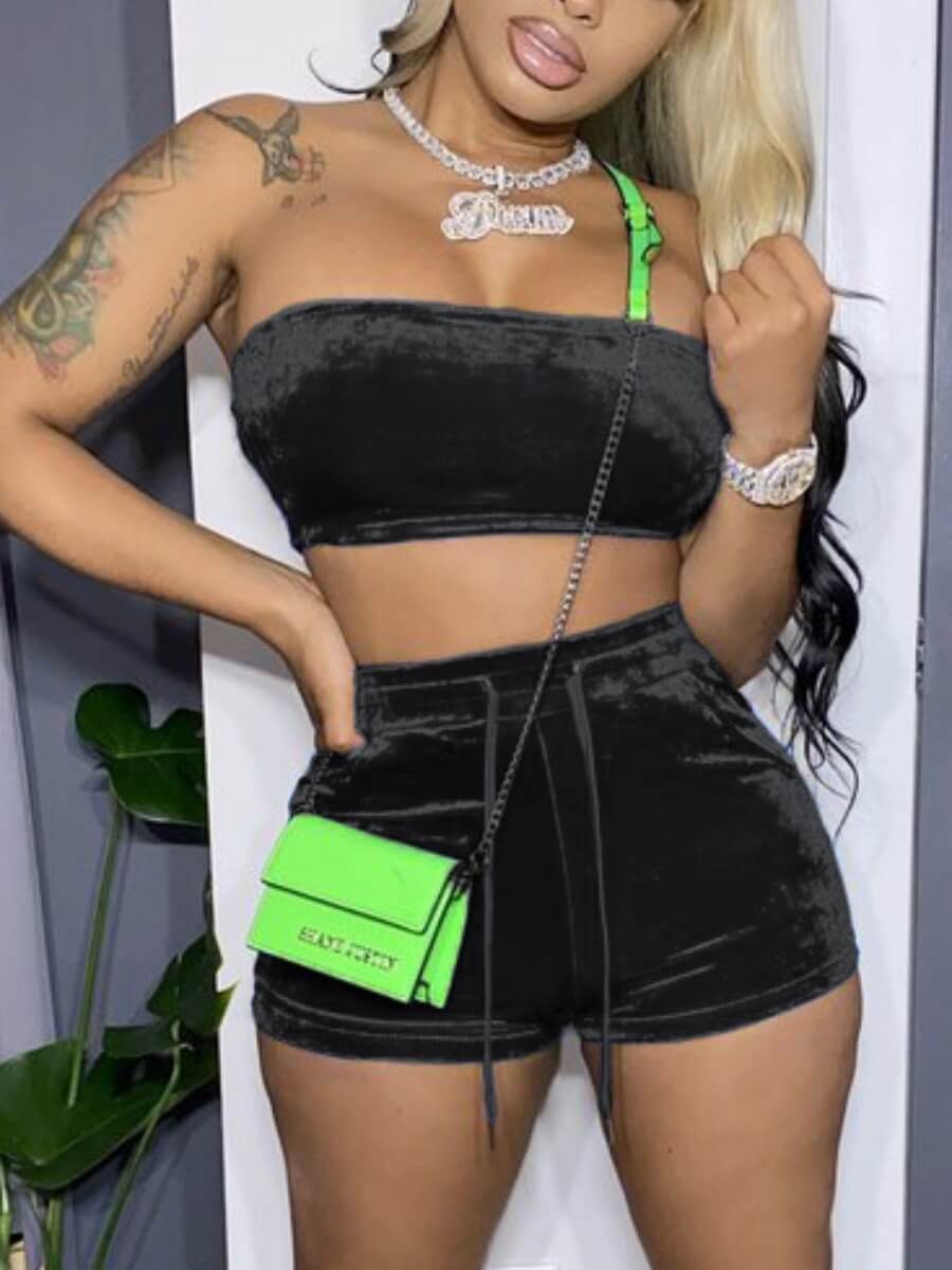

LW Off The Shoulder Drawstring Shorts Set, Black