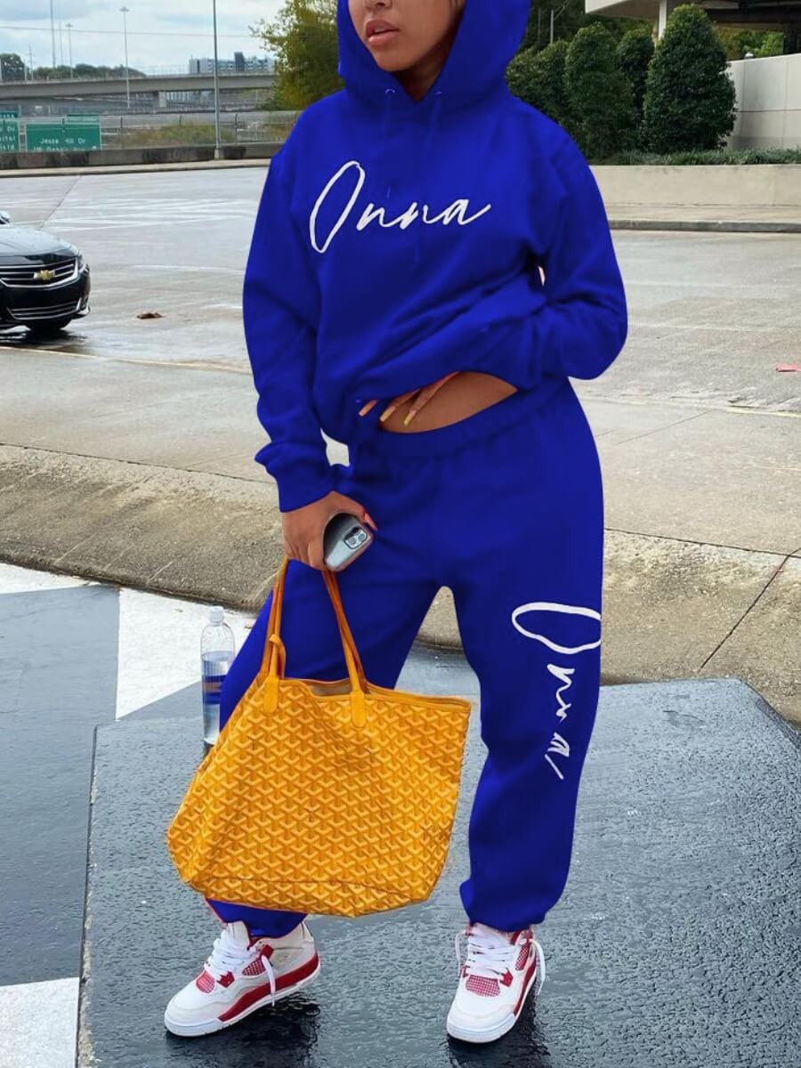 

Lovely Casual Hooded Collar Letter Print Blue Two Piece Pants Set
