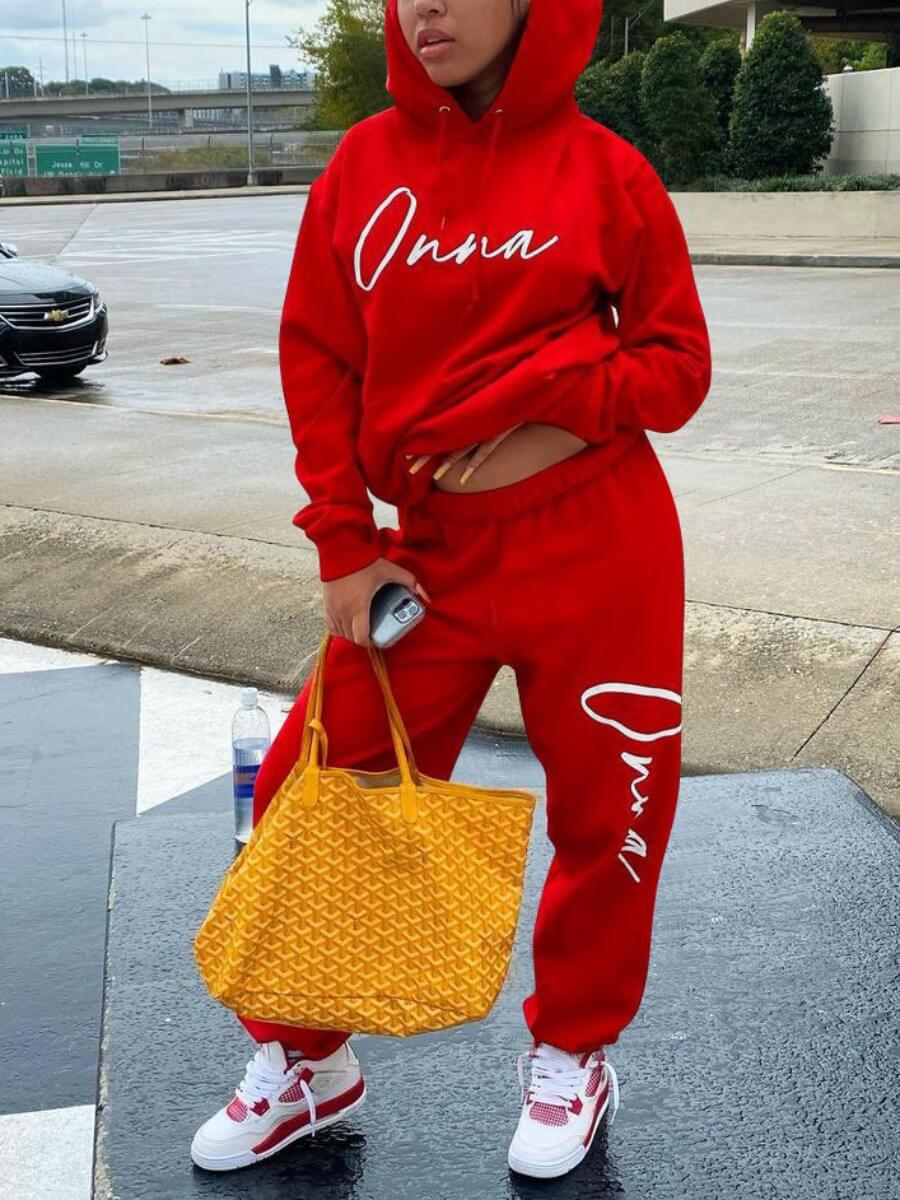 

Lovely Casual Hooded Collar Letter Print Red Two Piece Pants Set