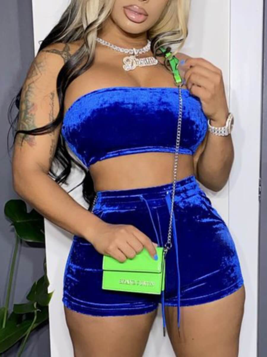 

LW Casual Sleeveless Drawstring Design Blue Velvet Two Piece Shorts Set