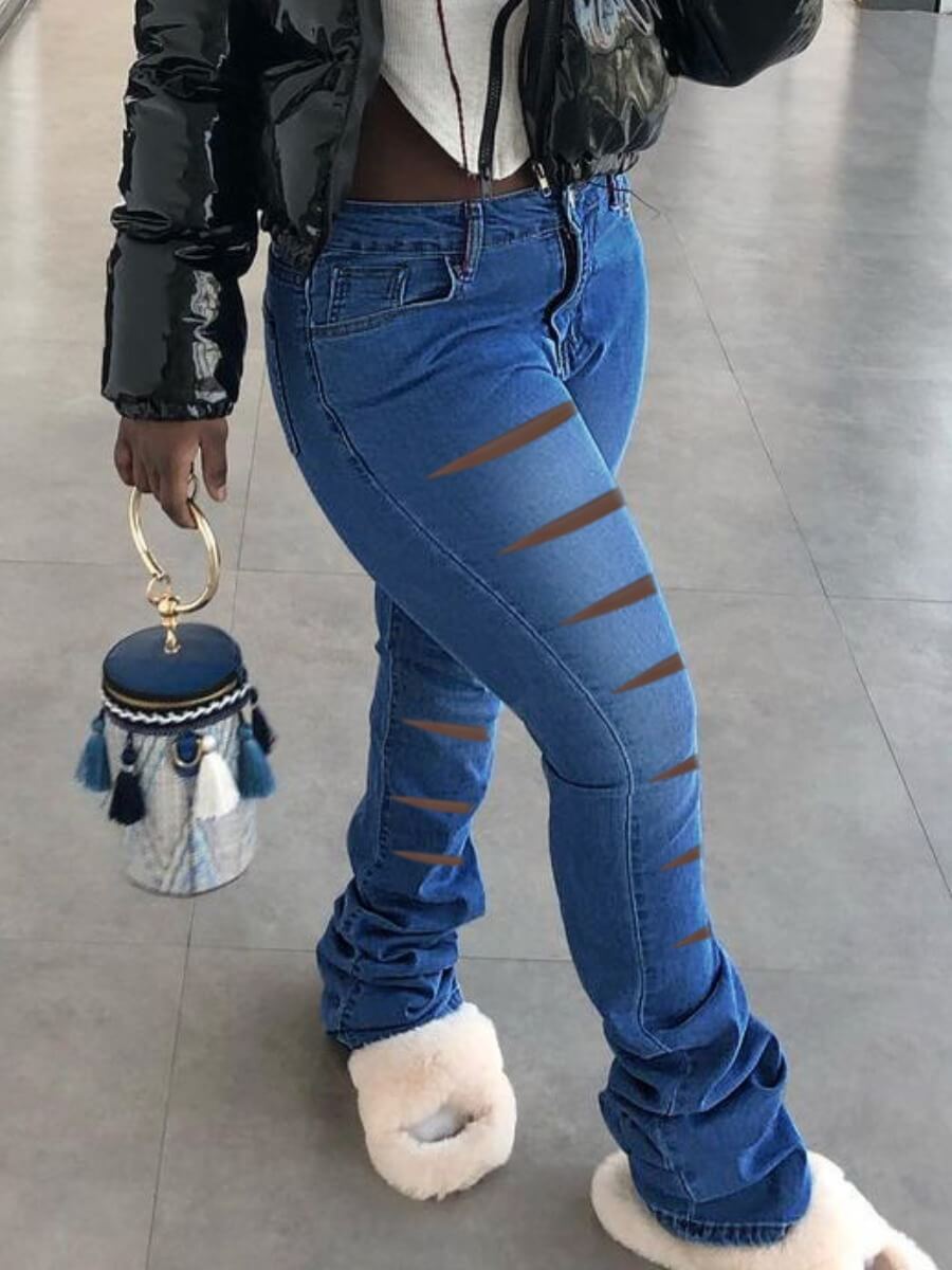 

Lovely Street High-waisted Broken Holes Blue Jeans