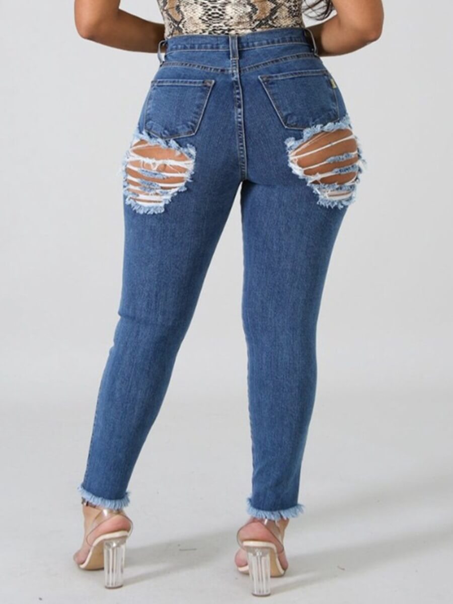

Lovely Street High-waisted Broken Holes Blue Jeans