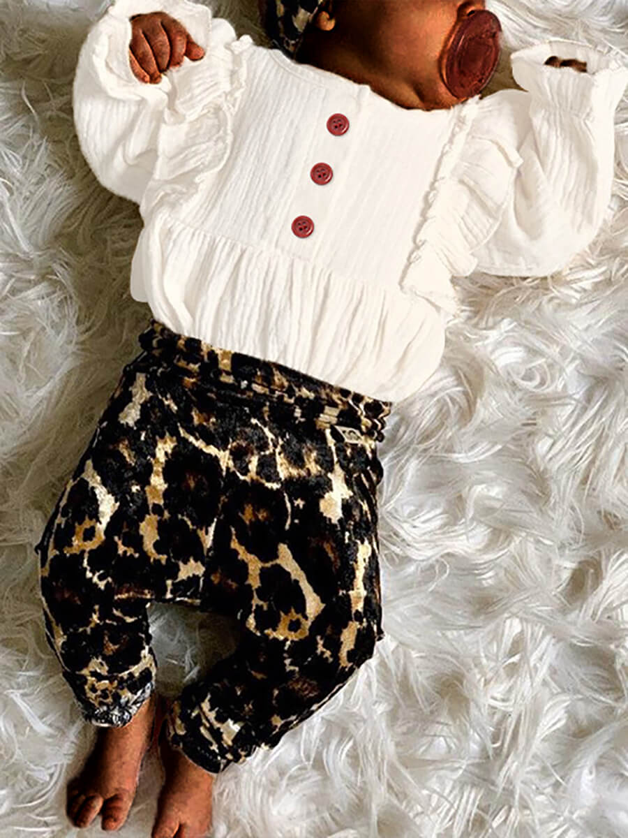 

Lovely Casual O Neck Leopard Print White Girl Two Piece Pants Set