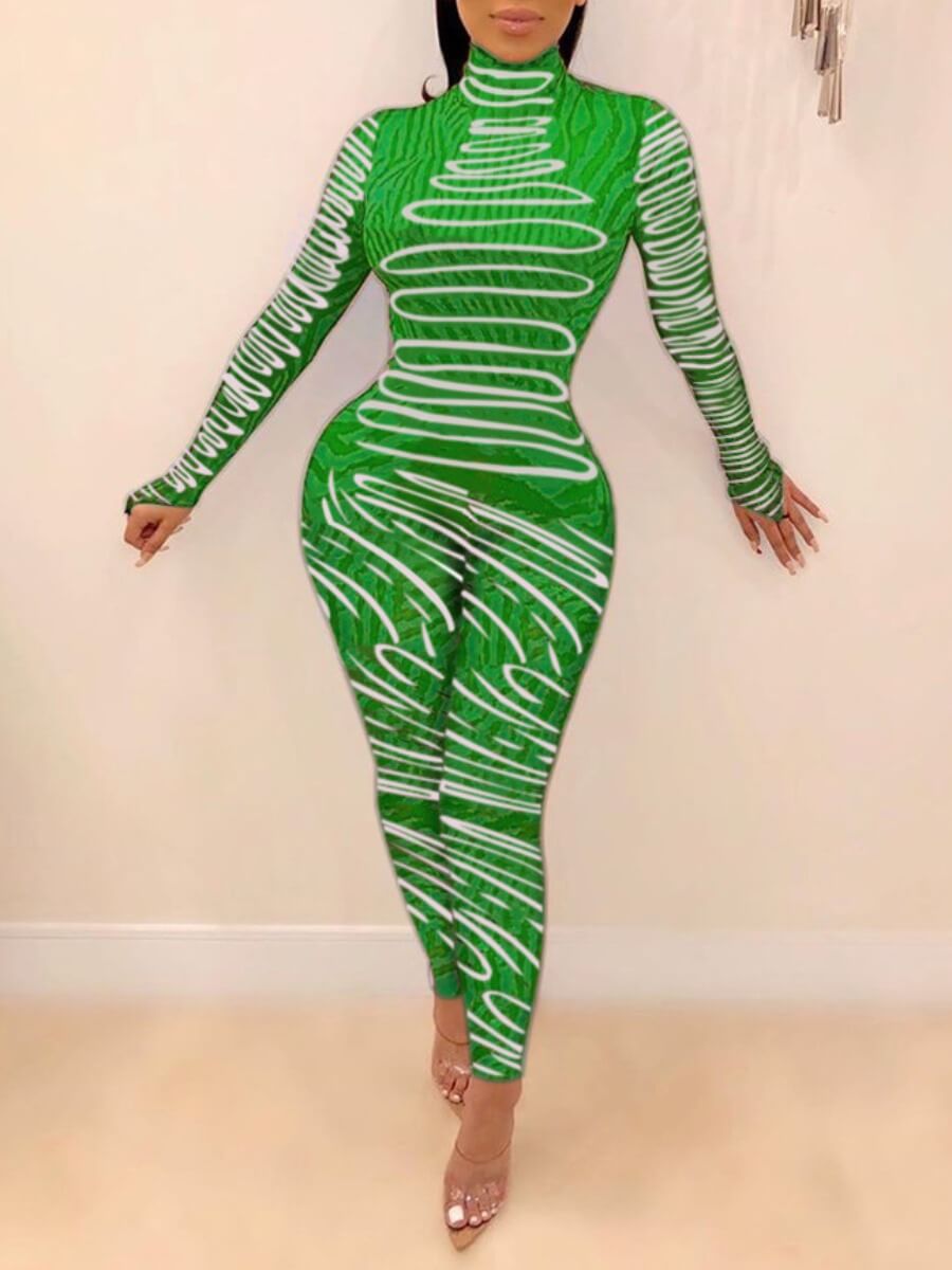 

Lovely Casual Half A Turtleneck Print Green One-piece Jumpsuit