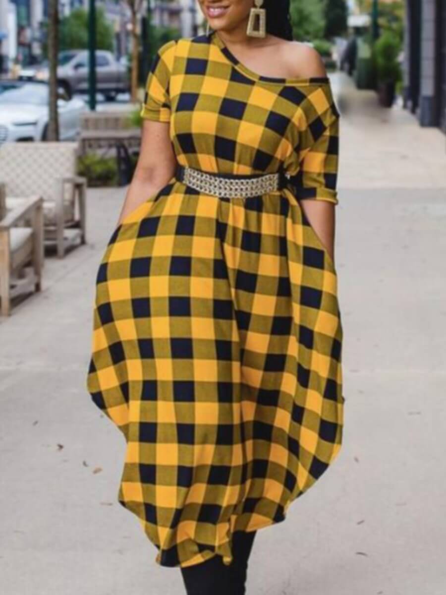 

Lovely Casual Plaid Print Asymmetrical Yellow Mid Calf Dress(Without Belt)