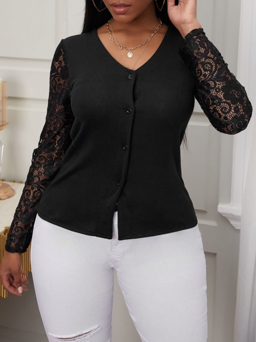 

Lovely Casual Lace Stitching Black Cardigan