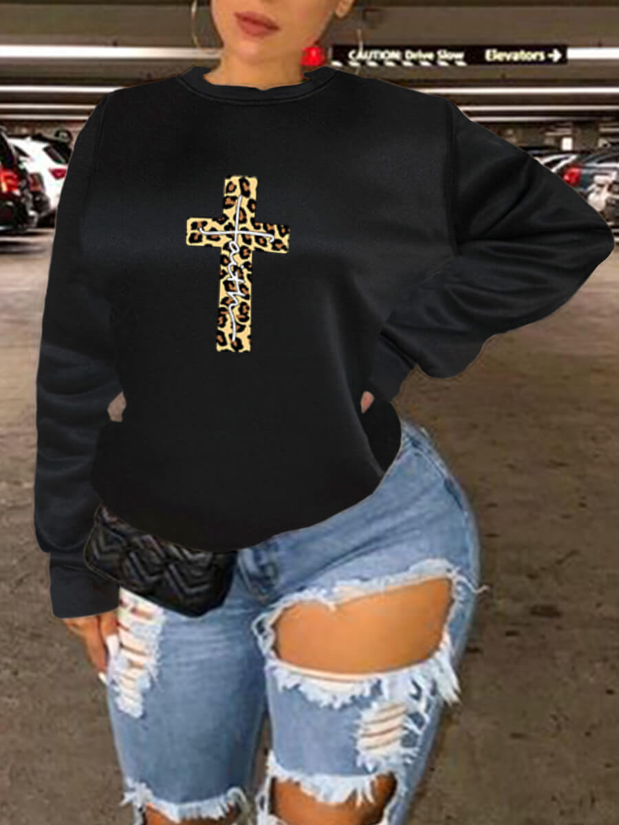 

Lovely Casual O Neck Print Black Plus Size Hoodie