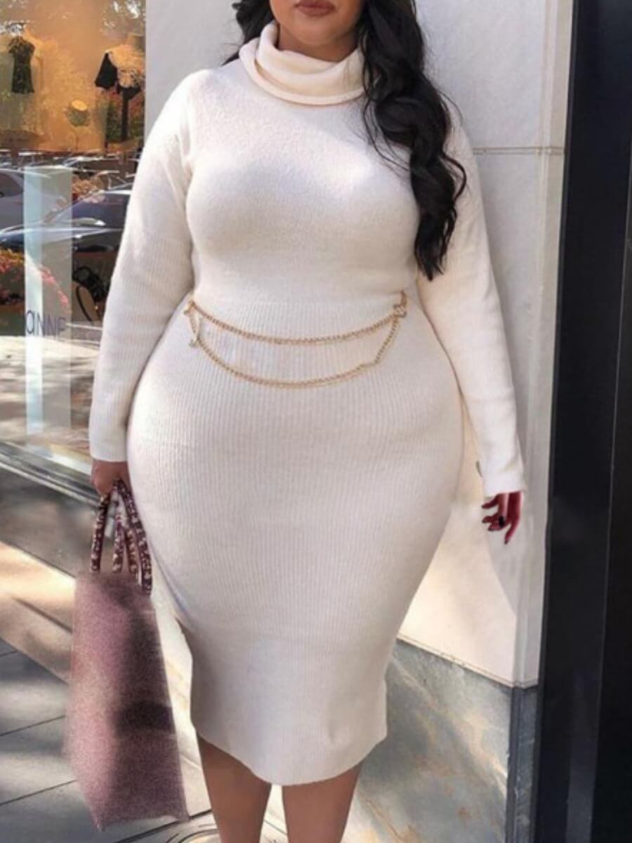 

Lovely Casual Turtleneck Long Sleeve White Mid Calf Plus Size Dress