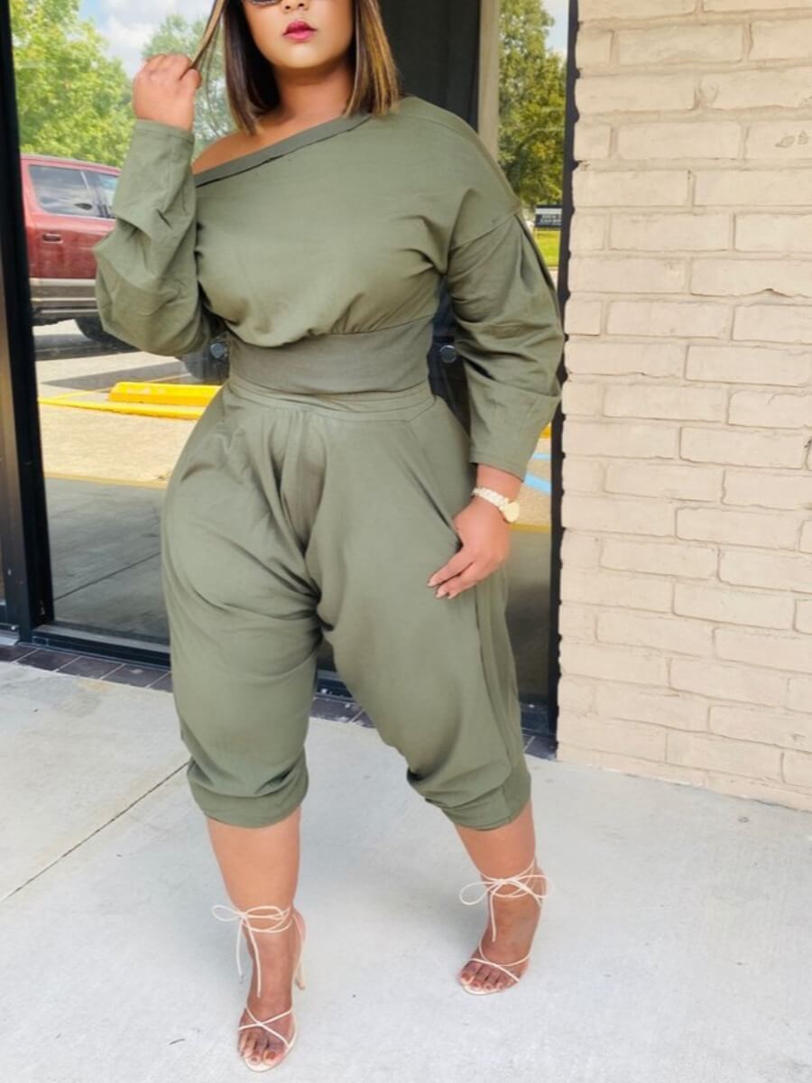 

Lovely Casual One Shoulder Green Two Piece Pants Set
