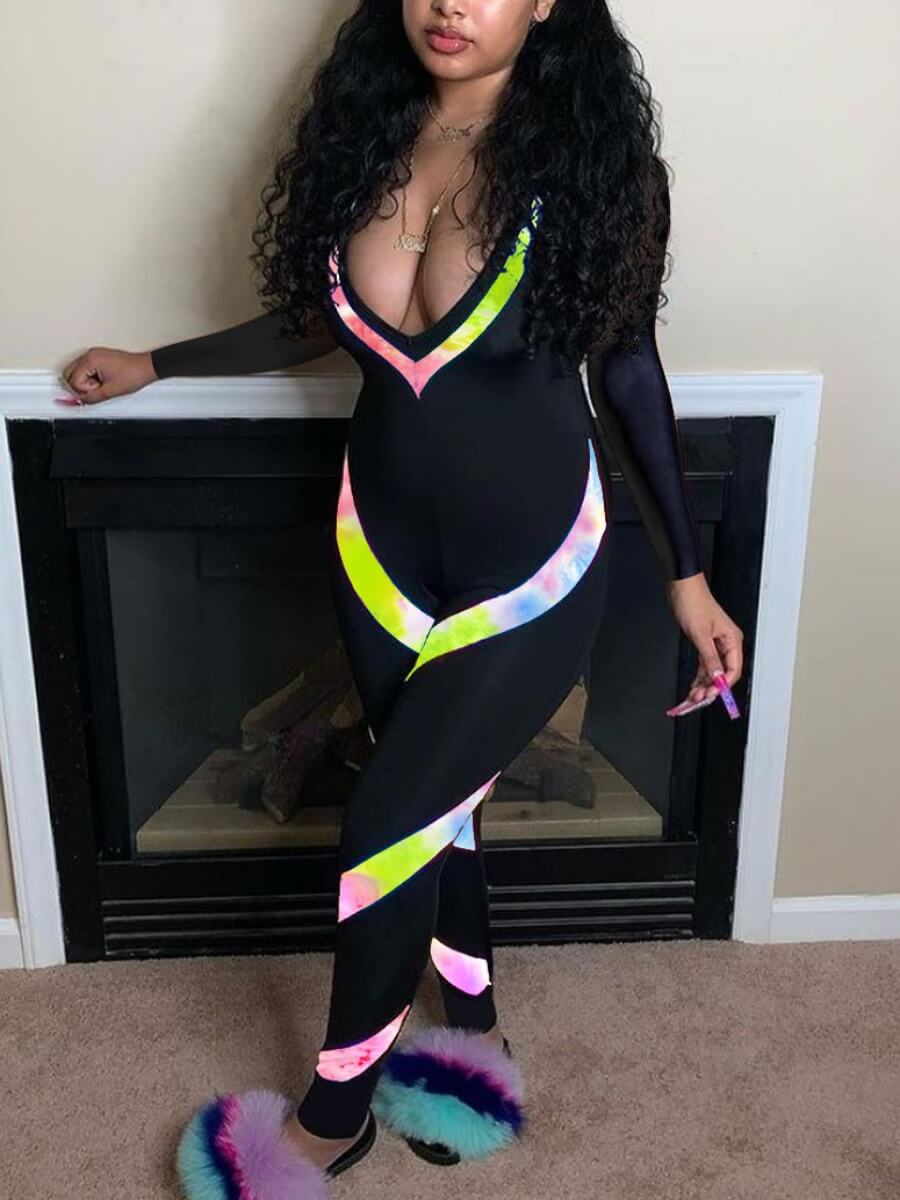 

Lovely Casual Deep V Neck Print Patchwork Black One-piece Jumpsuit