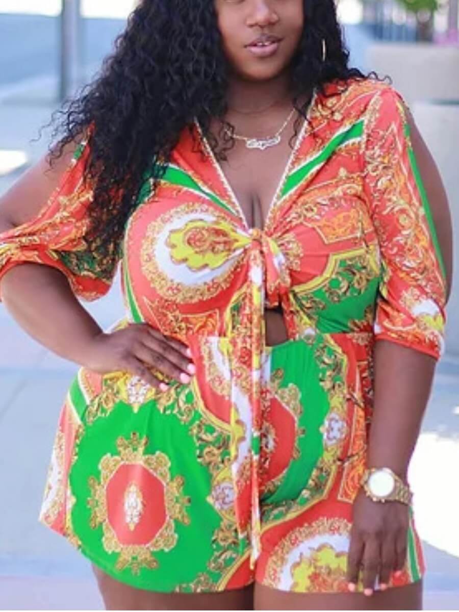 

Lovely Plus Size Bohemian V Neck Print Green One-piece Romper