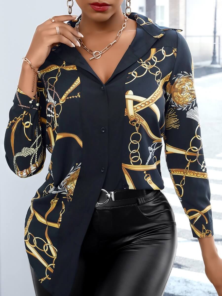

Lovely Vintage Shirt Collar Print Black Blouse