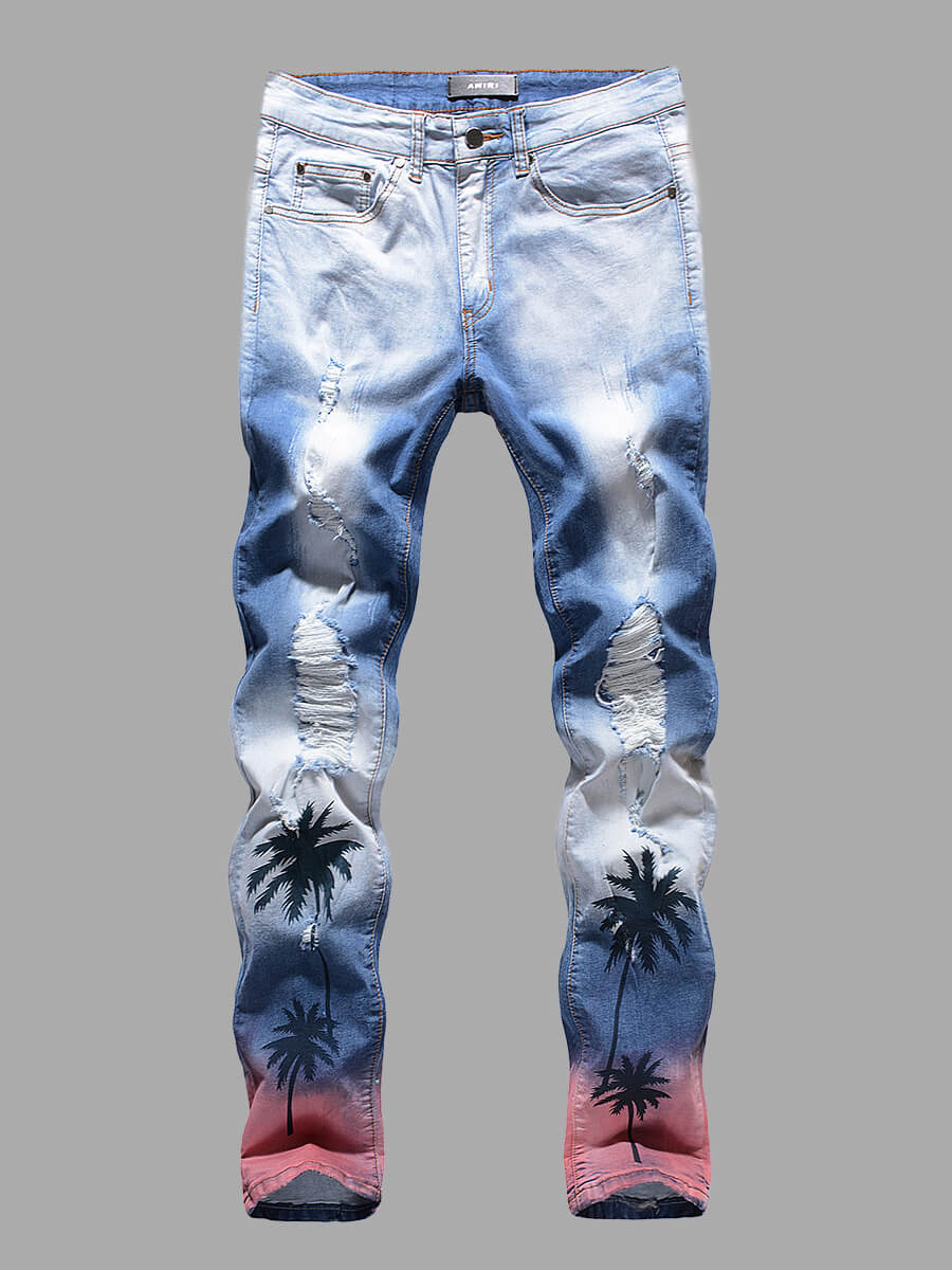 

Lovely Casual Tie-dye Tree Print Broken Holes Baby Blue Men Jeans