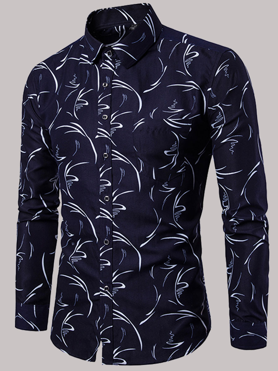

Lovely Formal Floral Print Button Design Deep Blue Men Shirt