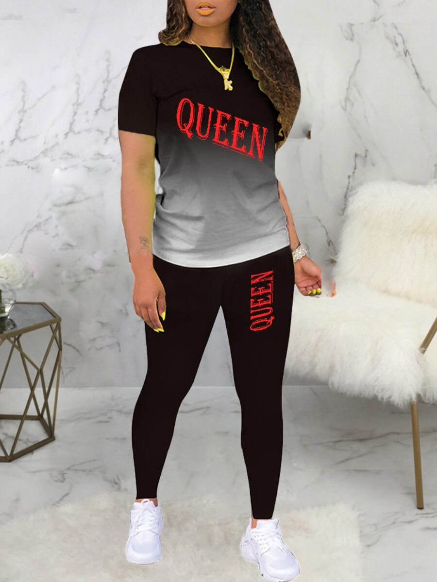 

Lovely Trendy Gradient Letter Print Black Two Piece Pants Set