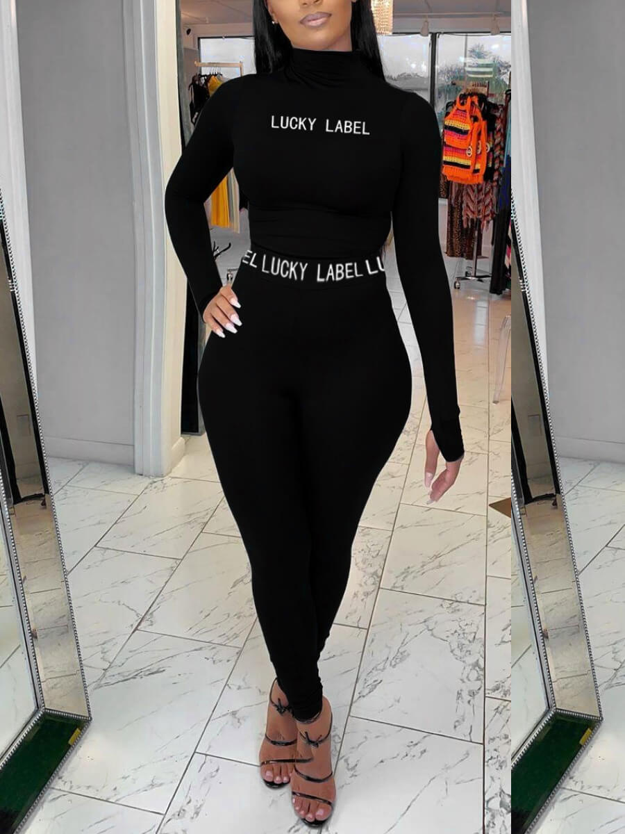 

Lovely Chic Half A Turtleneck Letter Print Black Two Piece Pants Set