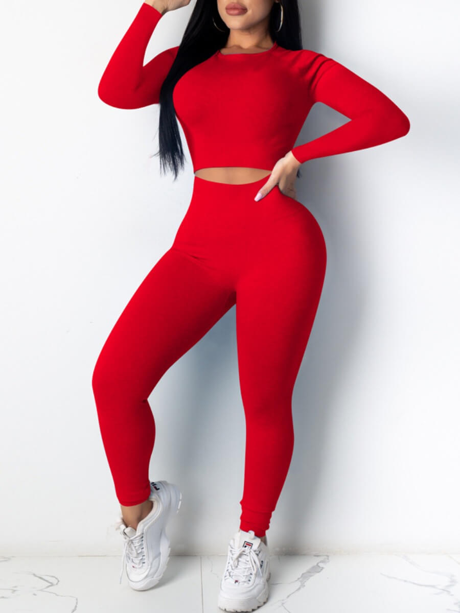 

Lovely Casual O Neck High-waisted Skinny Red Two Piece Pants Set
