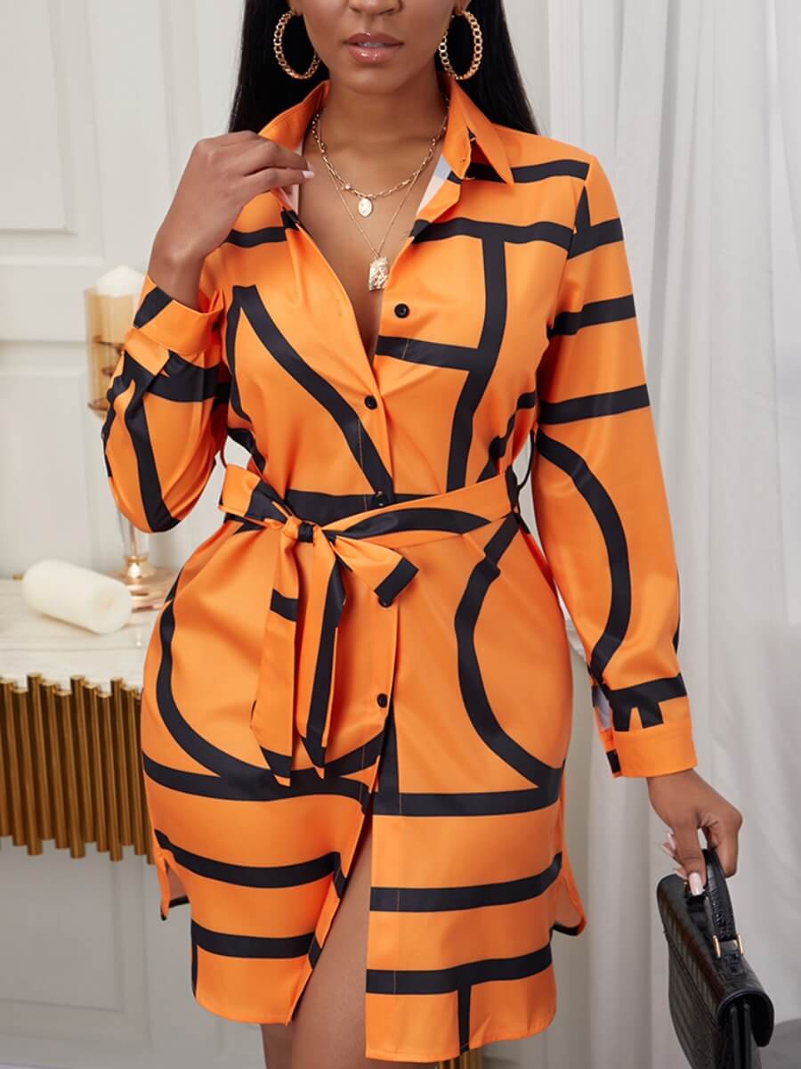 Lovely Formal Geometric Print Lace-up Side Slit Orange Mini Dress от Lovelywholesale WW