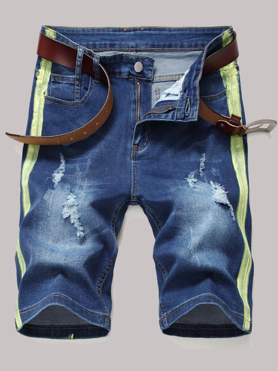 

Lovely Casual Striped Broken Holes Deep Blue Men Denim Shorts