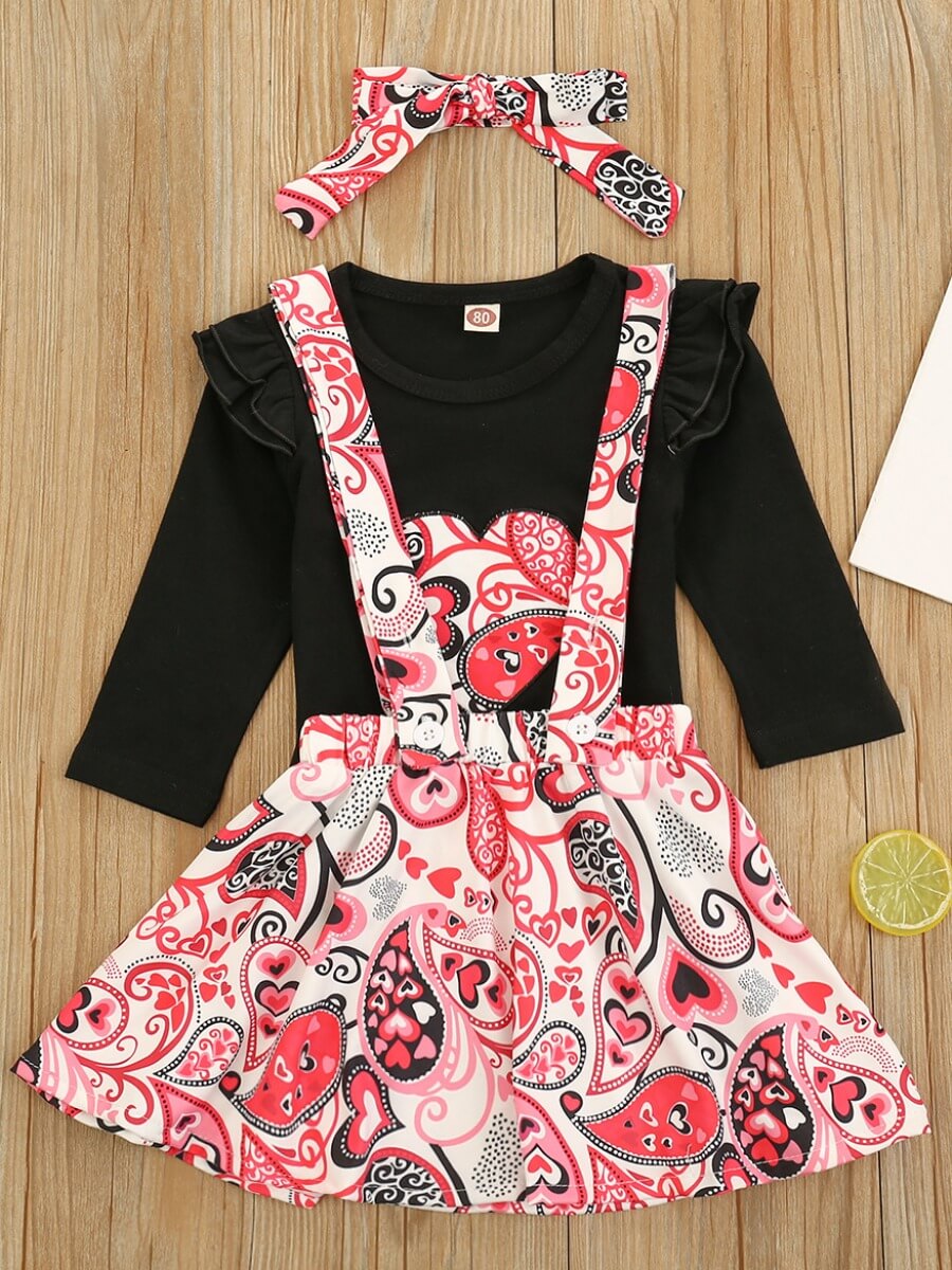 

Lovely Stylish Floral Print Flounce Design Suspender Black Girl Two Piece Skirt Set(With Head Wear